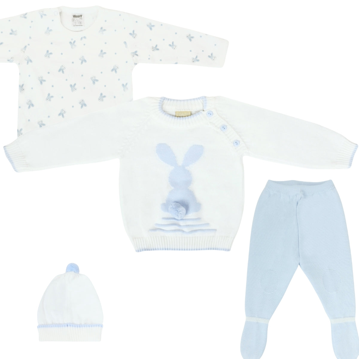 Conjunto bebé Hilo Conejo 4 piezas - Blanco Celeste - T1
