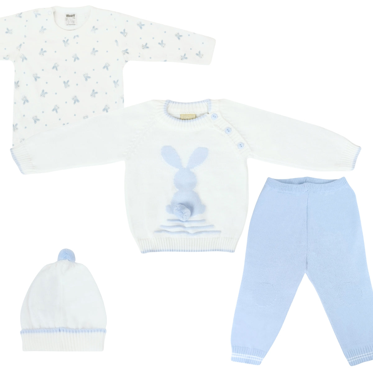 Conjunto bebé Hilo Conejo 4 piezas - Blanco Celeste - T2