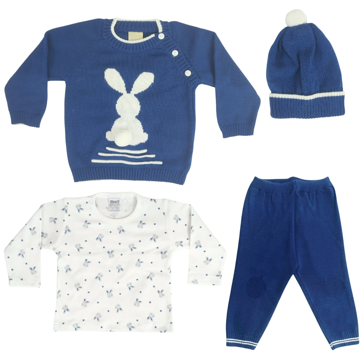 Conjunto bebé Hilo Conejo 4 piezas - Azul-Blanco - T2