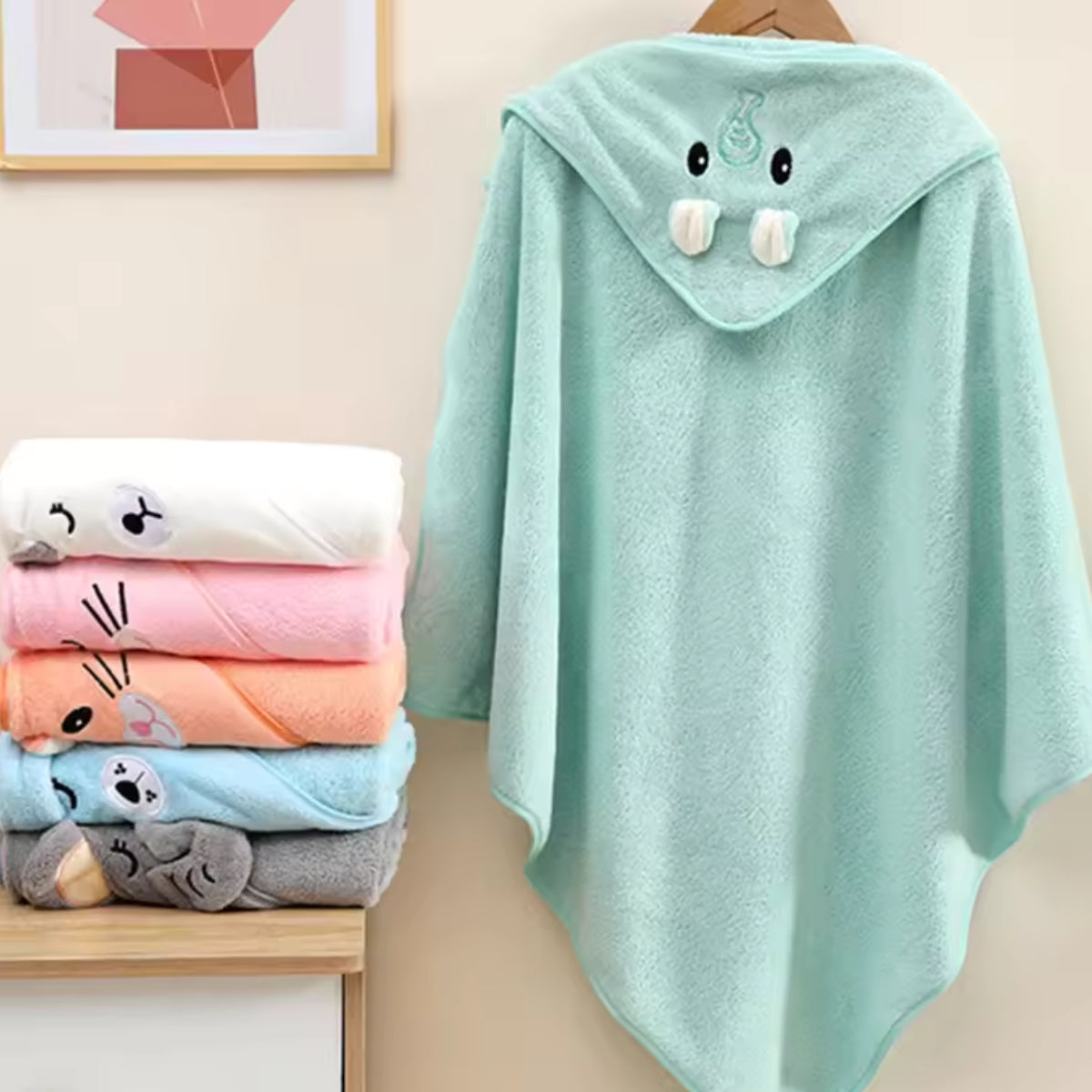 Toalla baño bebé - Elefante Verde agua