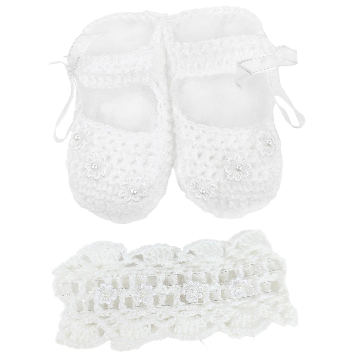 Set Zapatitos y vincha - Hilo Algodón- Blanco V2