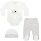 Ajuar Bebe 3 piezas Algodon - Conejos - Blanco / Gris