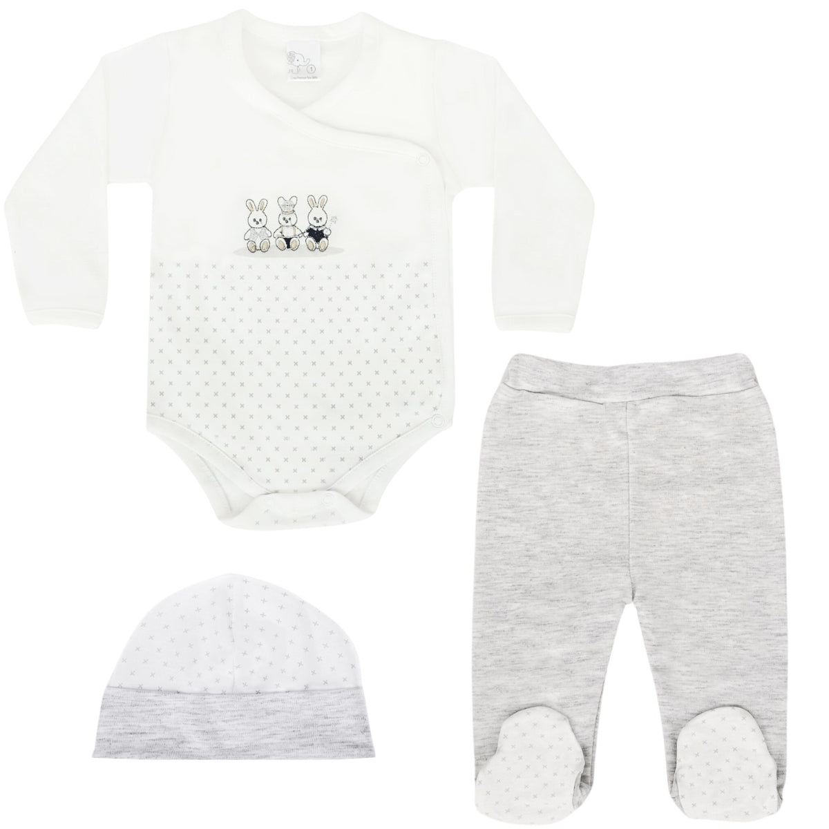 Ajuar Bebe 3 piezas Algodon - Conejos - Blanco / Gris
