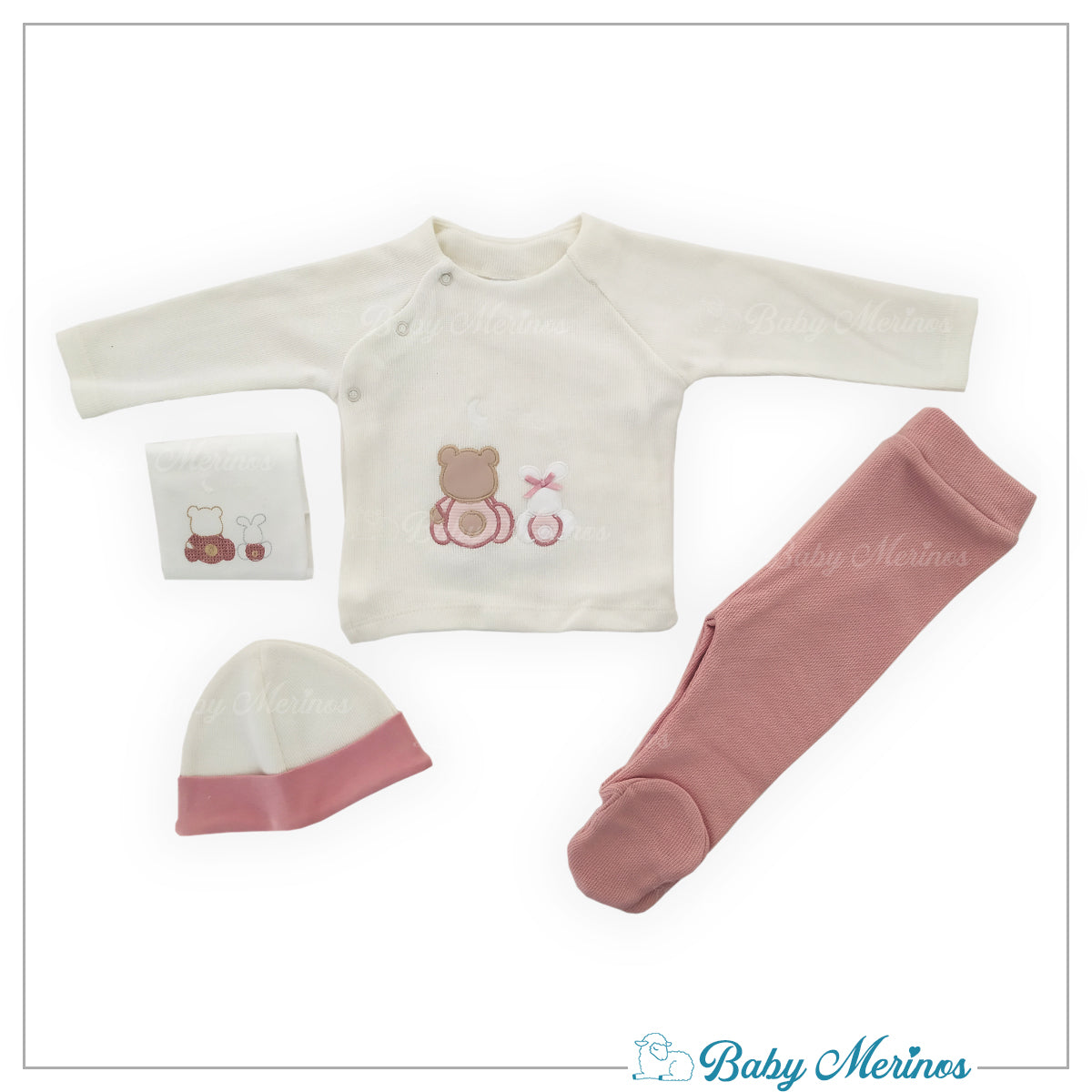 Conjunto Bebe - punto ingles - Amigos duo - Crema-Palo Rosa